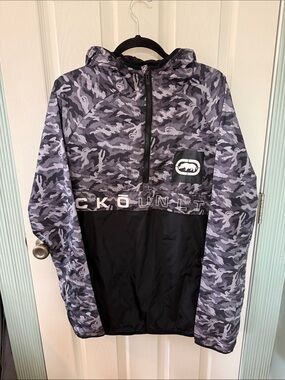 Ecko Unlimited Men’s ' Gray Camo /Black Hooded Raincoat/windbreaker